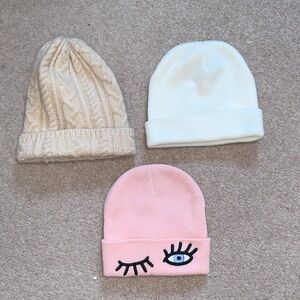 Kids Cozy Beanie Set - Cream, White, and Pink